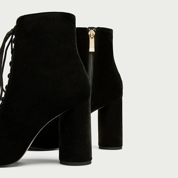 Zara Lace-Up Black Velvet Ankle Boots - Picture 5 of 8